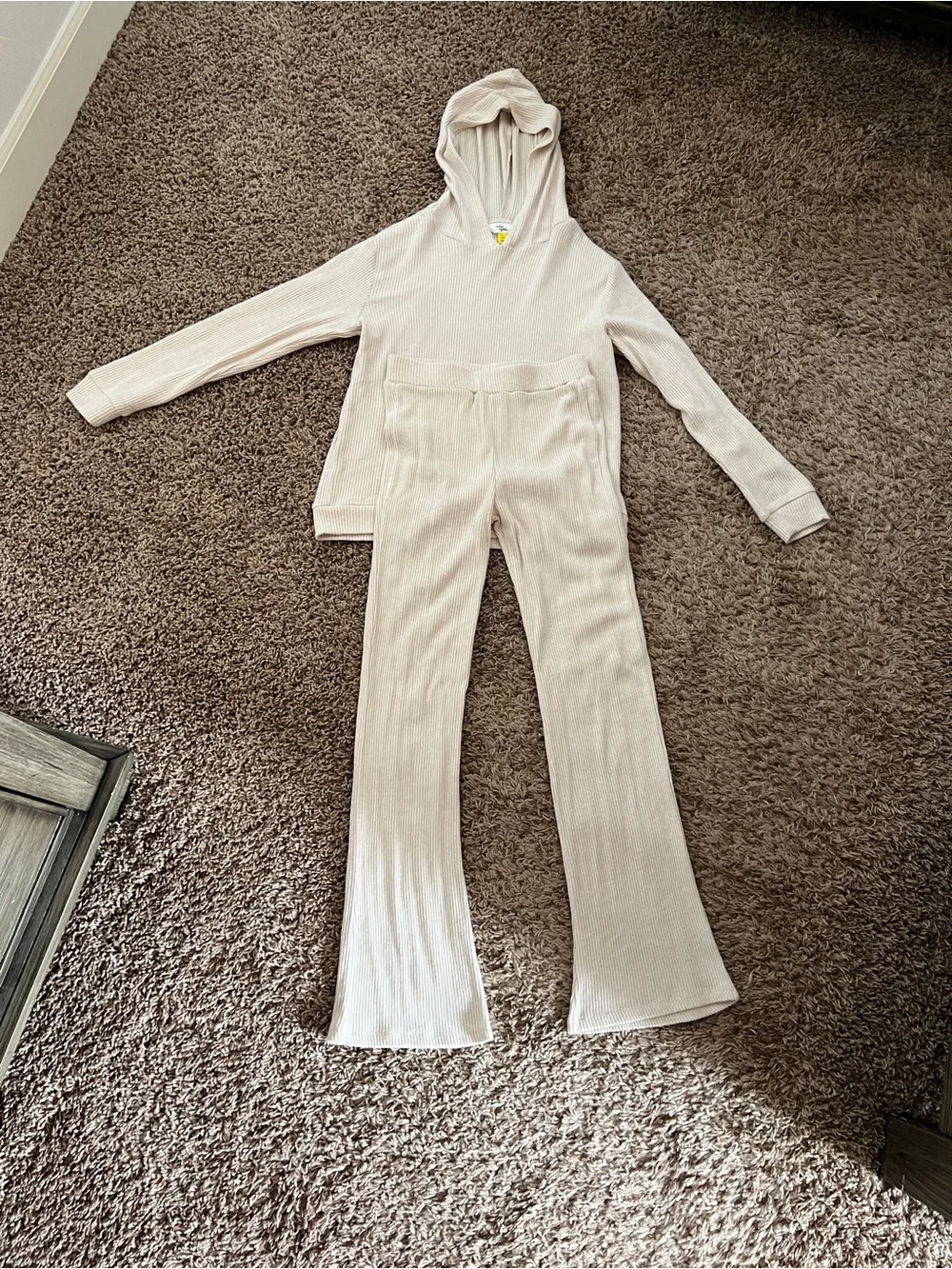 Kids Ribbed Hooded Top & Flared Pants Set - Cream